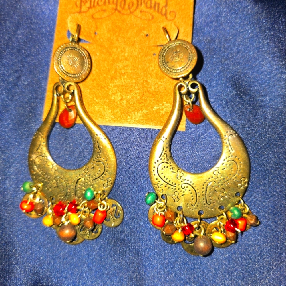 Vintage Lucky Brand Antique Brass Multicolor Dangle Earrings